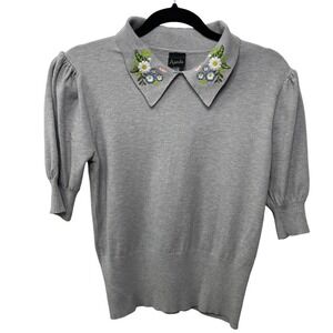 Aaeda Gray Embroidered Floral Collar Knit Top Puff Sleeve Retro L Granny Cottage